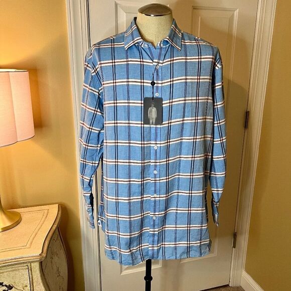 NWT Men's Haspel New Orleans Linen Cotton Button Front Blue Plaid Shirt XXL 2XL - Picture 1 of 2